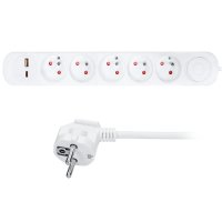 Solight prodlu�ovac� p��vod 5 z�suvek, USB A+C 20W PD, 3m, 3 x 1mm2, b�l�, vyp�na� PP152PD20
