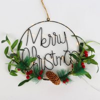 ACA Lighting V�no�n� z�v�sn� dekorace kruh MERRY CHRISTMAS 30 LED kov+um�l� rostliny na baterie 2xCR2032 tepl� b�l� IP20 30cm X07301664