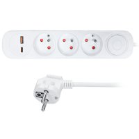 Solight prodlu�ovac� p��vod 3 z�suvky, USB A+C 20W PD, 2m, 3 x 1mm2, b�l�, vyp�na� PP111PD20