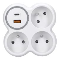 Solight rozbo�ka, 3x 16A, USB A+C rychlonab�je�ka 20W PD, b�l�-�ed� P106C-PD20